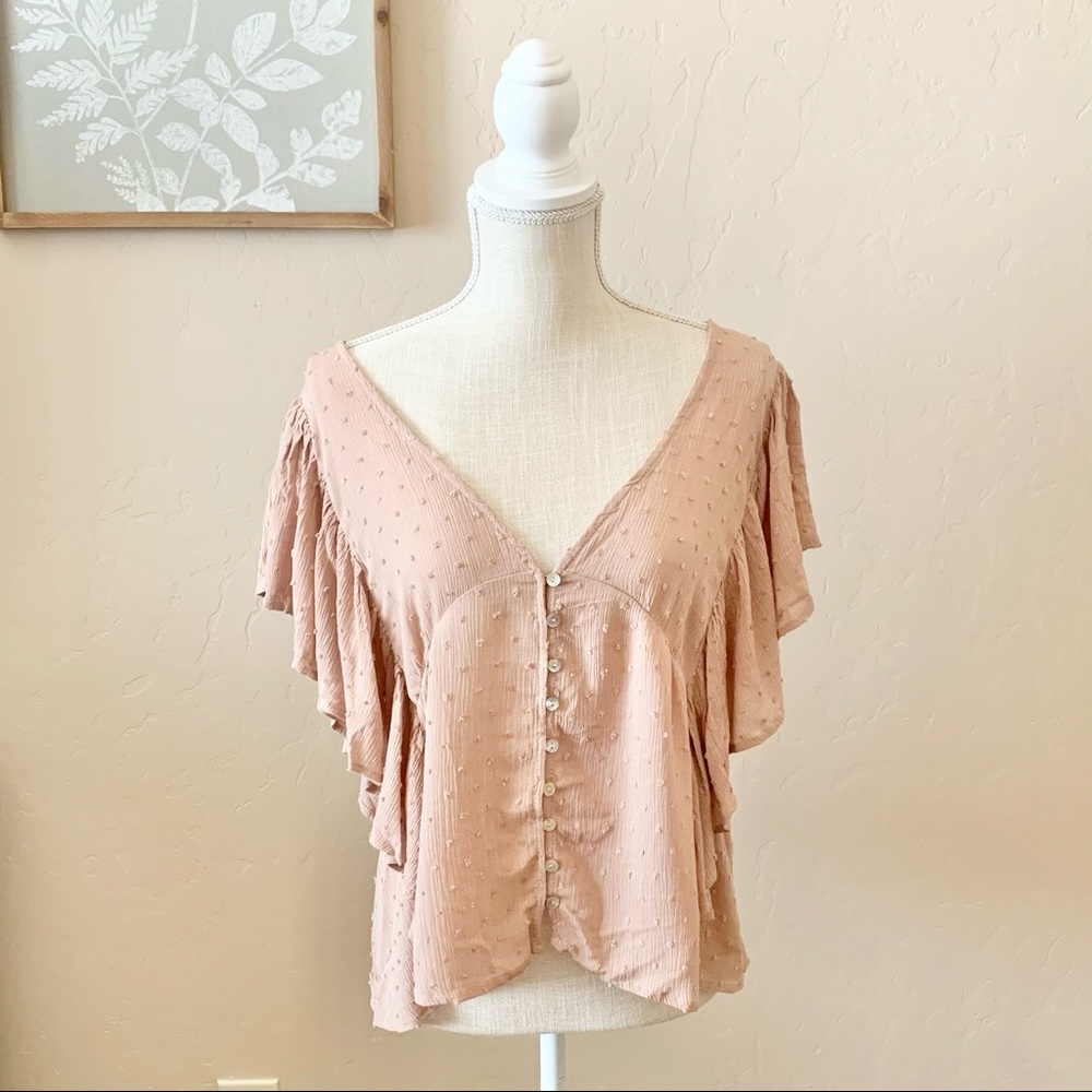 In Loom Textured V-neck & Back Ruffle Sleeved Top - Picture 2 of 12